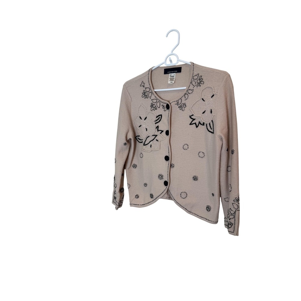 Jones New York Cardigan Sweater Womens Small Beige Beaded Floral Merino Wool
